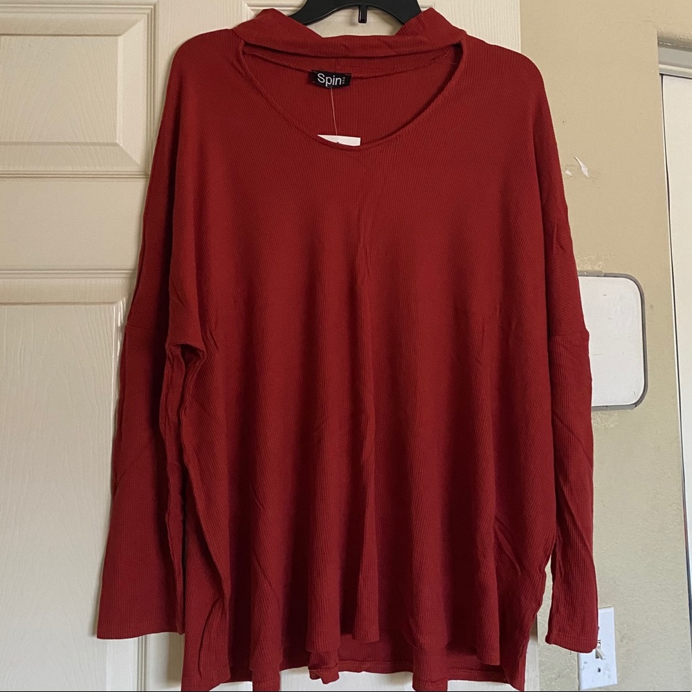 Red Waffle Knit Long Sleeve with Key Hole Front